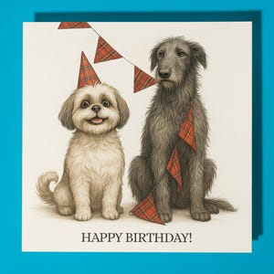 Shih tzu et lévrier écossais - carte de joyeux anniversaire - carte de voeux premium et enveloppe carte chien drôle personnalisée - ami famille