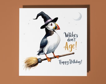 Handmade Puffin flies on a broomstick Witches don't Age! Happy Birthday Card Funny Animal Card Animal Lovers Premium Greeting Card  Envelope