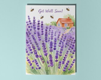 Handmade Beautiful lavender Get Well Soon! Card Funny Card Premium Greeting Card and Envelope