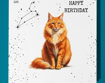 Leo Happy Birthday Card - Funny Animal - Premium Greeting Card & Envelope - Personalised zodiac sign card - Son Sister Friend daughter Mum