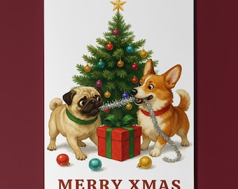 Pug and Corgi Dogs Duo - Merry Xmas Card - Funny Dogs - Dog Breeds - Premium Greeting Card and Envelope Personalised - Family members