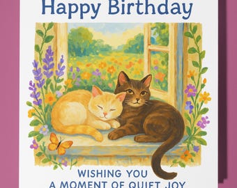 Two cats - Wishing You a Moment of Quiet Joy - Happy Birthday Card - Premium Greeting Card & Envelope - Personalised card - family friend