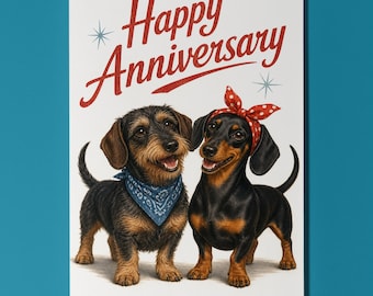 Wirehaired & Smooth Dachshunds Anniversary Card, Vintage Pin Up Dog Greeting Card, Personalised