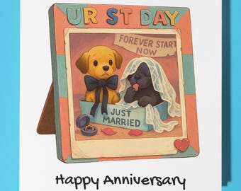 Puppies - UR ST DAY - Just Married - Happy Anniversary Card - Funny Animal - Premium Greeting Card & Envelope - Personalised Dog card - Wife