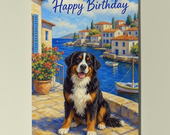 Bernese Mountain Dog Personalised Birthday Card, Coastal Dog Birthday Card