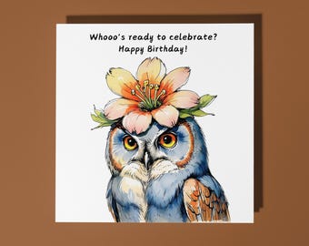 Handmade Cute owl with a large  flower - Happy Birthday Card Funny Animal Card Animal Lovers Premium Greeting Card & Envelope