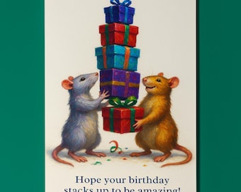 Two rats Hope your birthday is stacked to be amazing - Birthday Card - Funny Animal - Matte Greeting Card Envelope - Personalised - Friends