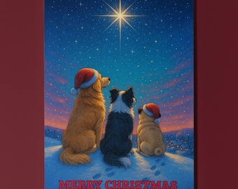 Three Dogs One Star - Santa’s Helpers Collection - Christmas Card - Funny Dog Breeds - Premium Greeting Card & Envelope Personalised Family