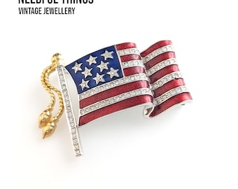 Gleaming American Pride: Vintage Krementz Flag Rhinestone Brooch  Pin