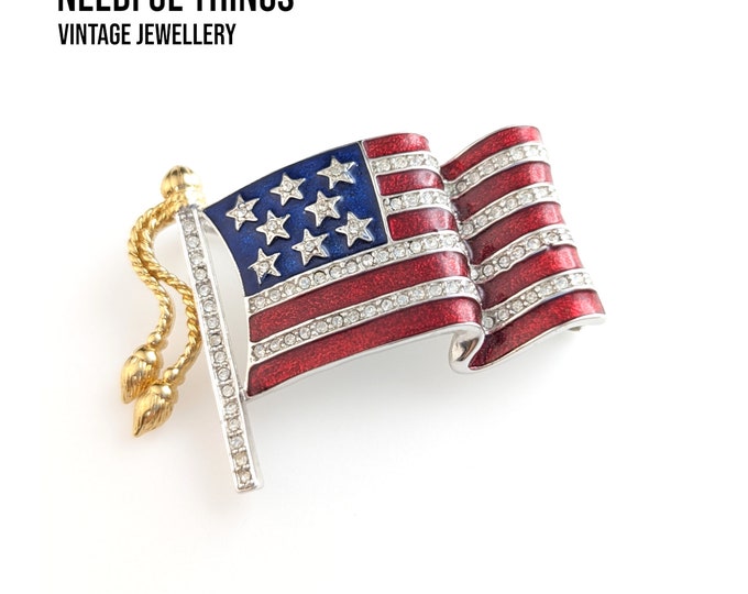 Gleaming American Pride: Vintage Krementz Flag Rhinestone Brooch  Pin