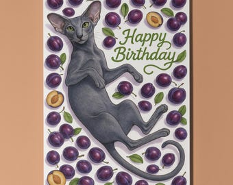 Sweet Plum Oriental Shorthair Cat - Fruity Friends Collection Birthday Card - Funny Animals - Premium Greeting Card Envelope - Personalised