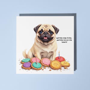 Handgemachter Chubby Mops sitzt in der Mitte Geburtstagskekse Happy Birthday! Karte Lustige Tierkarte Tierliebhaber Premium Grußkarte Umschlag