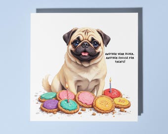 Handmade Chubby Pug sits in the middle birthday cookies  Happy Birthday! Card Funny Animal Card Animal Lovers Premium Greeting Card Envelope