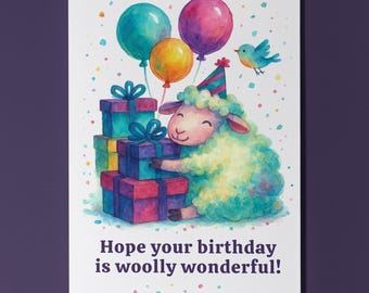Soft Birthday Sheep - Hope your birthday is wooly wonderful! Birthday Card - Funny Animals Premium Greeting Card & Envelope - Personalised