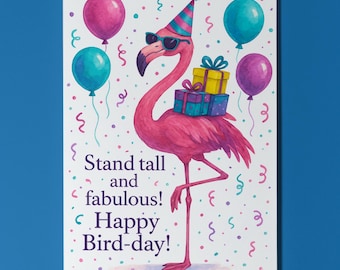 Flamingo Party Vibes - Stand Tall and fabulous Happy Bird - day! Birthday Card Funny Animals Premium Greeting Card Envelope Personalised
