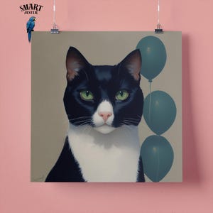Elegante gatto in smoking, ritratto di animali domestici con palloncini verdi, stampa artistica da parete, regalo perfetto per gli amanti degli animali, 295 mm x 295 mm, carta opaca 300 g/m², senza cornice