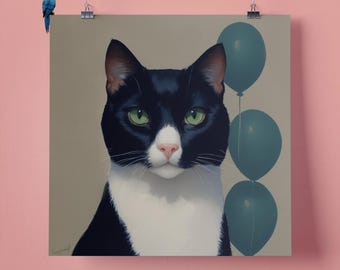 Elegant Tuxedo Cat, Green Balloons Pet Portrait, Wall Art Print, Perfect Gift for Pet Lovers 295mm x 295mm, 300GSM Matte Paper Unframed