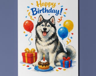 Husky Dog Happy Birthday Card - Funny Animal - Premium Greeting Card and Envelope Personalised card - Dog Breeds Friends Family members