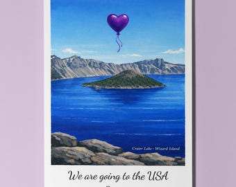 We are going to the USA - Oregon - Crater Lake Wizard Island Card Premium Greeting Card Envelope Personalised Friends Couples Wife Husband
