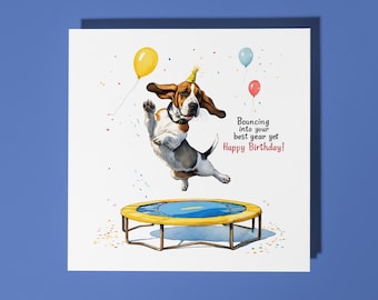 Handmade Funny Basset Hound Jumping on Trampoline Happy Birthday Card Funny Animal Card Animal Lovers Premium Greeting Card With Envelope