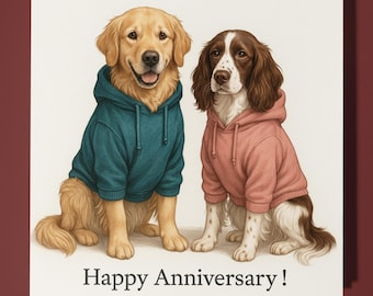 Golden Retriever English Spaniel - Happy Anniversary Card Funny Animal - Premium Greeting Card and Envelope - Personalised Dog card - Couple