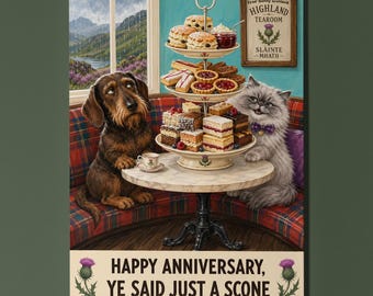 Wire Haired Dachshund Persian Cat Personalised Anniversary Card, Funny Scottish Tearoom Scone Gift