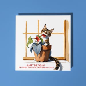 Handmade Funny cat eats geranium - Claim What's Yours! Happy Birthday Card Funny Animal Card Animal Lovers Premium Greeting Card & Envelope