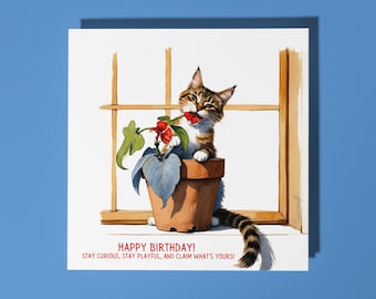 Handmade Funny cat eats geranium - Claim What's Yours! Happy Birthday Card Funny Animal Card Animal Lovers Premium Greeting Card & Envelope