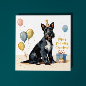 Raça de cachorro Scottish Terrier feita à mão com bolo Feliz aniversário, vovó! Cartão Cartão engraçado de animal Amantes de animais Cartão de felicitações premium e envelope