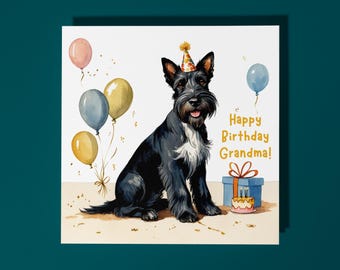 Handmade Scottish Terrier Dog breed with Cake Happy Birthday Grandma! Card Funny Animal Card Animal Lovers Premium Greeting Card & Envelope