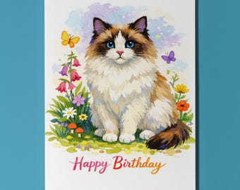 Cat Breeds Collection Ragdoll: Summer Sky Gaze Happy Birthday Card Funny Premium Greeting Card Envelope Personalised longhair fluffy cat