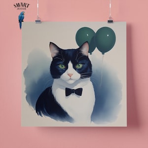 Elegante gatto con fiocco in smoking, ritratto di animale domestico, stampa artistica da parete, regalo perfetto per gli amanti degli animali domestici, 295 mm x 295 mm, carta opaca 300 g/m², senza cornice
