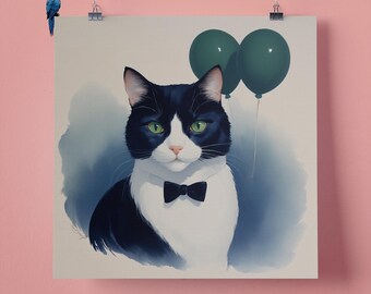 Elegant Bow Tuxedo Cat, Pet Portrait, Wall Art Print, Perfect Gift for Pet Lovers 295mm x 295mm, 300GSM Matte Paper Unframed
