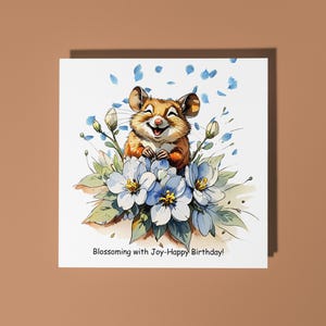 Petite souris mignonne faite main avec des fleurs de fraises Carte de joyeux anniversaire Carte d'animal drôle Carte de voeux et enveloppe premium pour amoureux des animaux