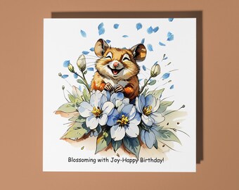 Handmade Cute little mouse with strawberry flowers Happy Birthday Card Funny Animal Card Animal Lovers Premium Greeting Card & Envelope