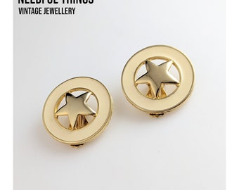 Lovely Vintage Jewellery Gold-tone Star Cream Enamel Clip-on Earrings