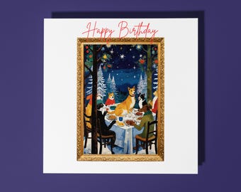Handmade Funny dogs having dinner Happy Birthday Card / Funny Animal Card for Animal Lovers | Premium Greeting Card With White Envelope