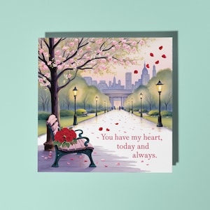 Central Park al anochecer hecho a mano: tienes mi corazón, hoy y siempre - Tarjeta de felicitación premium con sobre de la ciudad de Nueva York