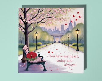 Handmade Central Park at dusk- You have my heart, today and always - New York City Love Card Premium Greeting Card With Envelope