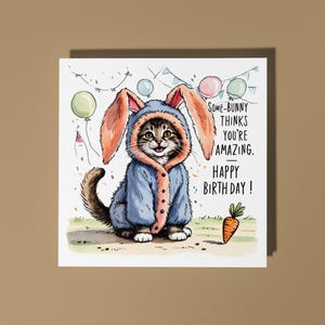 Handmade Cute kitten in a bunny costume - Happy Birthday Card Funny Animal Card Animal Lovers Premium Greeting Card & Envelope