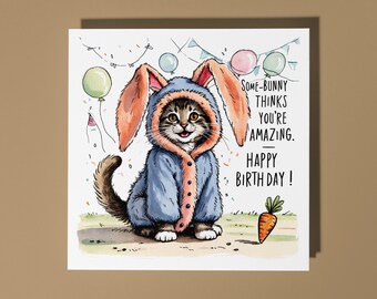Handmade Cute kitten in a bunny costume - Happy Birthday Card Funny Animal Card Animal Lovers Premium Greeting Card & Envelope