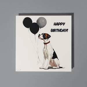 Handgemacht Ausdrucksstarker Hund mit schwarzen Luftballons - Happy Birthday Karte Lustige Tier Karte Tierliebhaber Premium Grußkarte & Umschlag