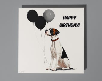 Handmade Expressive dog with black balloons - Happy Birthday Card Funny Animal Card Animal Lovers Premium Greeting Card & Envelope