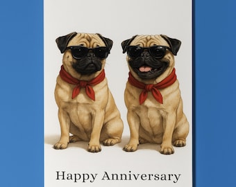 Dog Breeds Collection - Pug Dogs Duo - Happy Anniversary Card - Funny Animal - Premium Greeting Card &Envelope - Personalised card - Couples