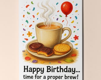 Dessert First! Collection - Digestives and Jaffa Cakes + Tea Happy Birthday Card Premium Greeting Card Envelope - Personalised card - Friend