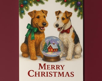 Airedale Terrier and Wire Fox Terrier Dogs - Snow Globe Merry Christmas Card - Funny Dog Breeds Premium Greeting Card Envelope Personalised