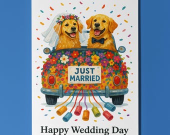 Dog Breeds Collection - Golden Retriever Dogs Happy Wedding Day Card - Funny Animal  Premium Greeting Card and Envelope - Personalised card