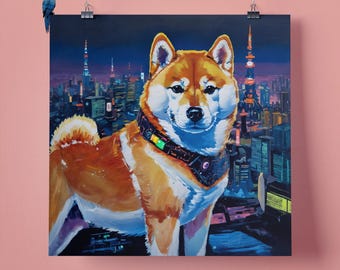 Elegant Cyberpunk Shiba Inu dog, Pet Portrait Wall Art Print, Perfect Gift for Pet Lovers, 295mm x 295mm, 300GSM Matte Paper, Unframed