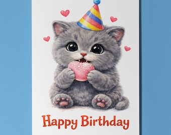 Kawaii Art Series British Shorthair Kitten Cute Cat Pink Mochi Bean Munch Happy Birthday Card Premium Greeting Card Envelope Personalised