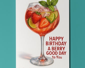 Cocktail Wishes Collection - Strawberry Gin - A berry good day Happy Birthday Card - Premium Greeting Card & Envelope - Personalised card